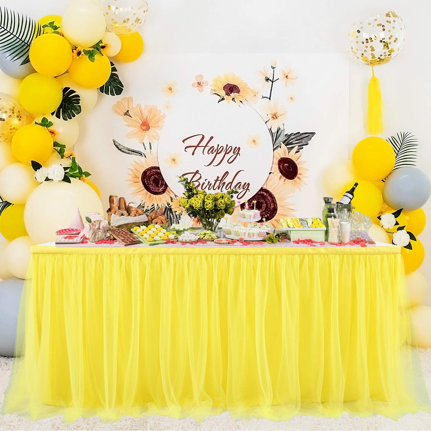 Suppromo Yellow Table Skirts For Rectangle Tables Or Round Tables 6Ft Ruffle Tulle Tutu Tablecloth For Sunflower Birthday Party